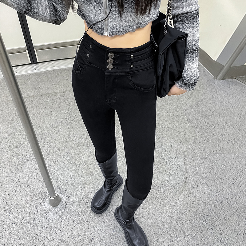 Black Korean Style High-Waist Slim Stretch Pencil Pants for Women 2025 New Spring & Fall Popular Pencil Pants Jeans