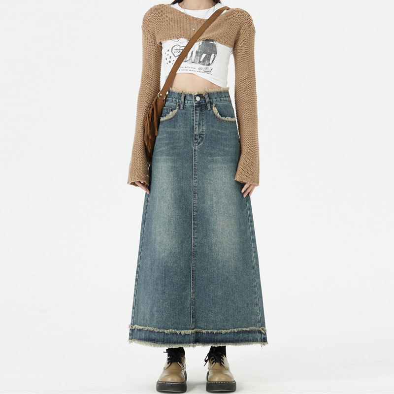 Denim Skirt Women's Internet Popular A- Line Design Sense Rust Skirt Ins High Waist Casual Hip Retro Straight Midi Skirt