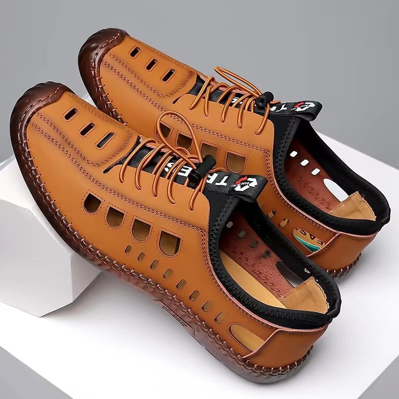 2025 Sandals Men's Tbottomon Sole Summer New Men's Casual Hollow Breathable Leather Shoes Non-Slip Soft Sole Bag