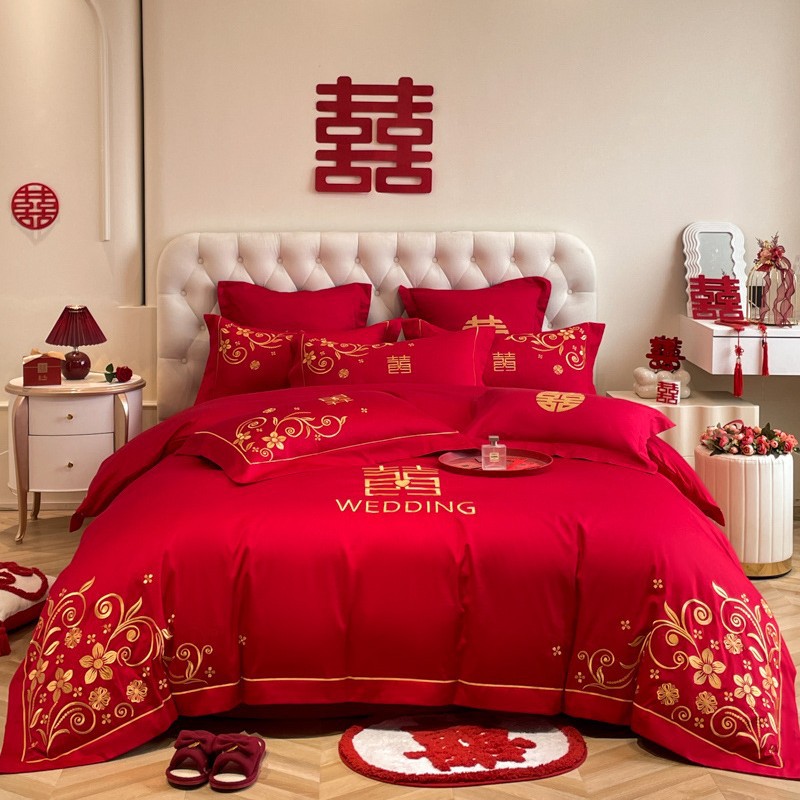 Picture of Chinese-style High-grade Wedding Four-piece Set Big Red Embroidered Wedding Dowry Quilt Cover Bed Sheet Newlywed Wedding Room Bedding