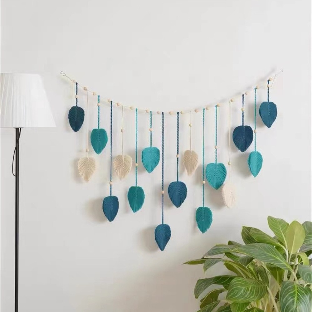 Picture of INS Bohemian Cotton Rope Hand-woven Wooden Beads Leaf Photo Wall Hanging Decorative Tapestries Tassel Wall Hanging