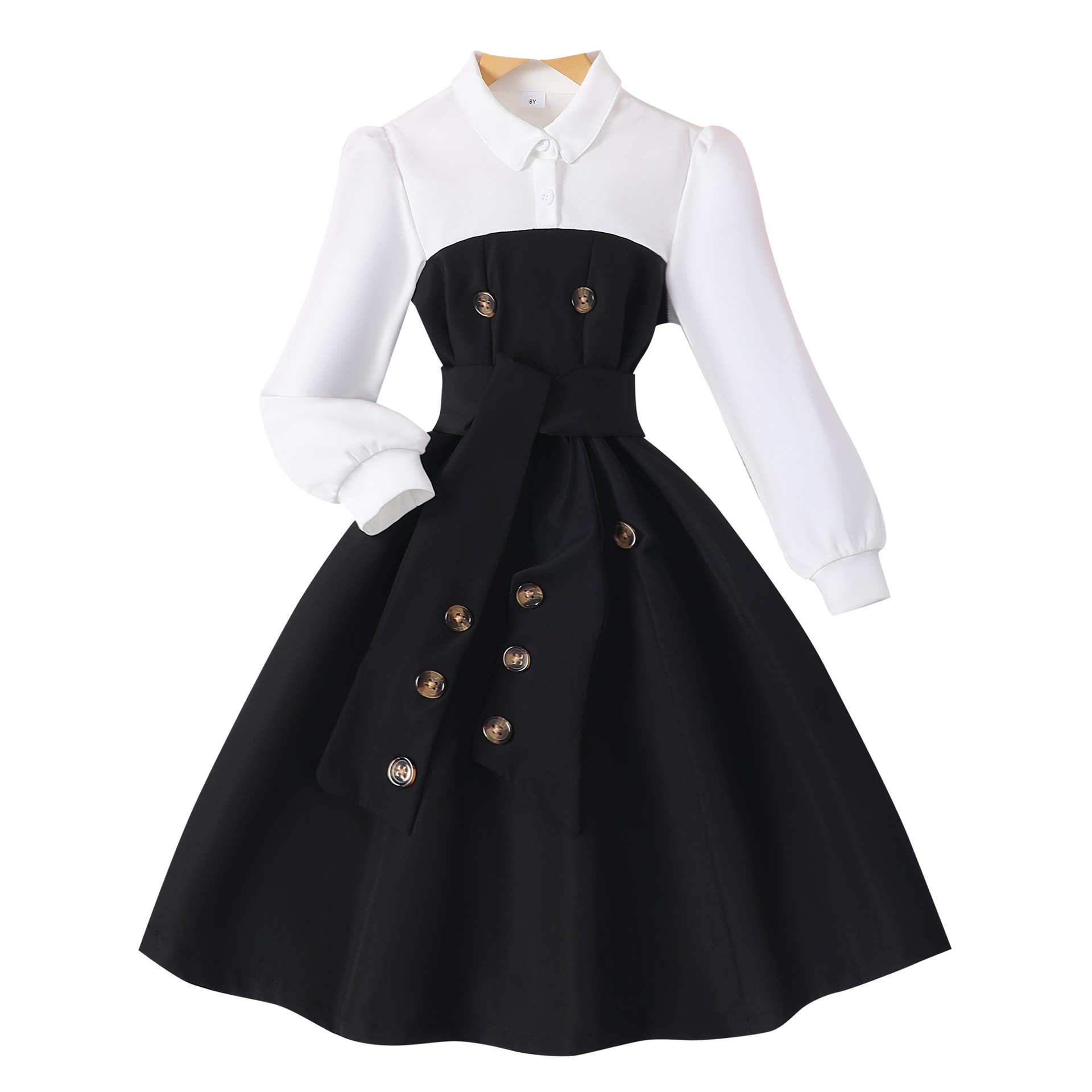 Picture of Cross-Border Best-Selling Style for Girls, Long-Sleeved Lapel Button Stitching, Fashionable Contrasting Color Simple Dress
