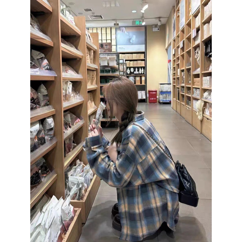 Cross-Border Autumn New Japanese-Style Plaid Shirt Thin Sun-Protective Shirt Cardigan Blouse Commuting French Large Size Cross-Border