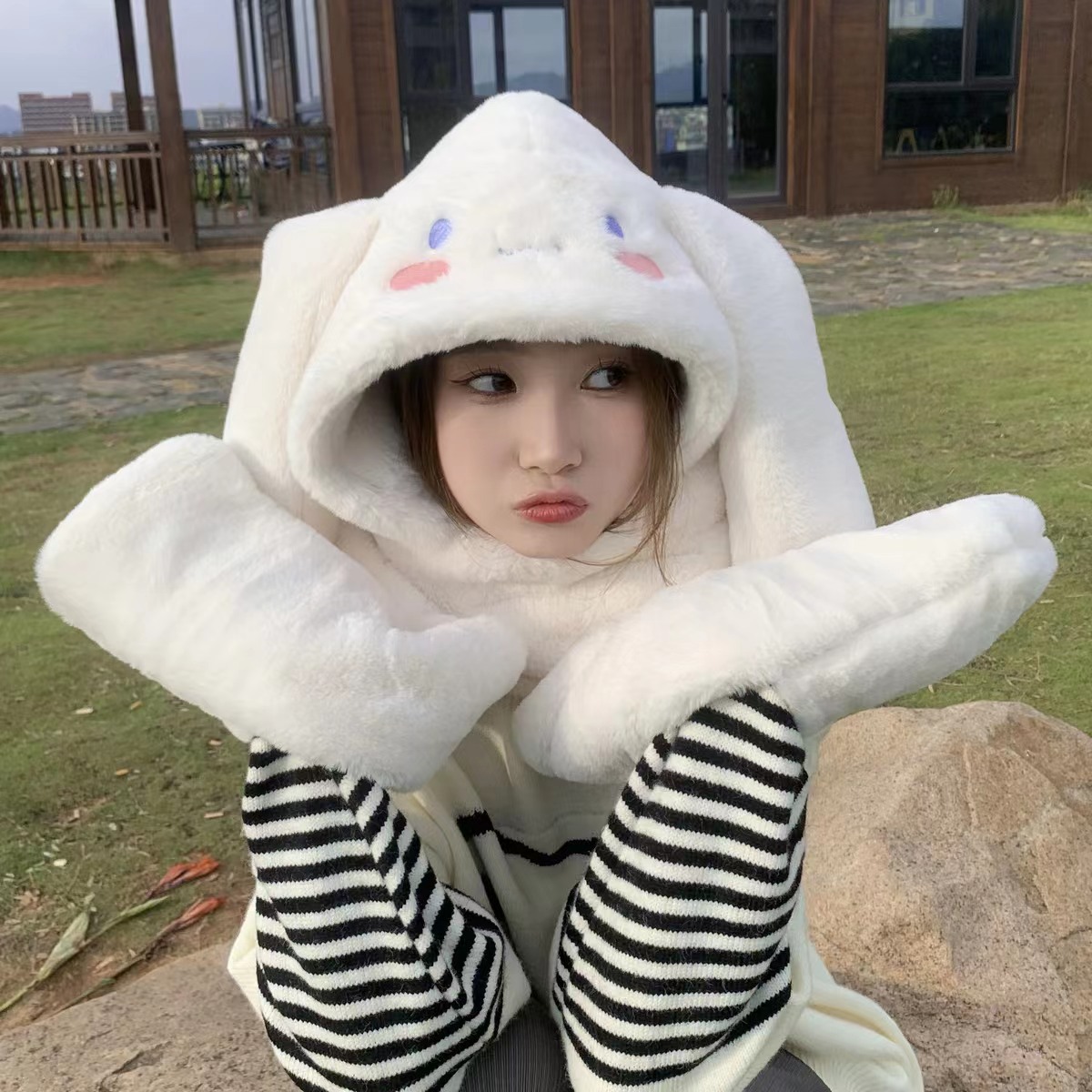 Japanese Cute Cartoon Hat Scarf Gloves One Three-piece Set Female Winter Student Plush Warm Lei Feng Cap Trendy