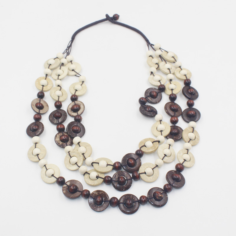 Picture of Bohemian National style necklace coconut shell pendant color multi-layer beads retro woven long necklace women