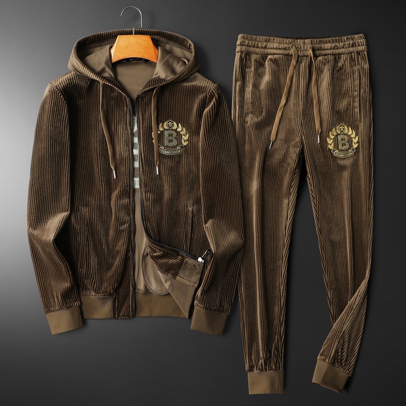 2023 Autumn and Winter New Thickened Embroidered Men's Slim Large Size Hooded Gold Velvet Sweatshirt Casual Sports Suit