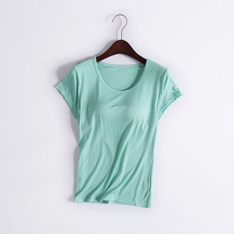 Picture of Modal T-shirt Women's Spring and Autumn Solid Color Short-sleeved Bra-free Yoga Bottoming Outer Wearing Cup All-in-one Home Clothes Inner Wearing