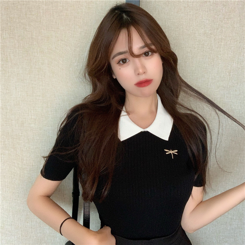 Summer 2025 New Korean Style Women's Polo Embroidered Slim-Fit Black Knitted Short-Sleeve T-Shirt Student Top Women's Fashion