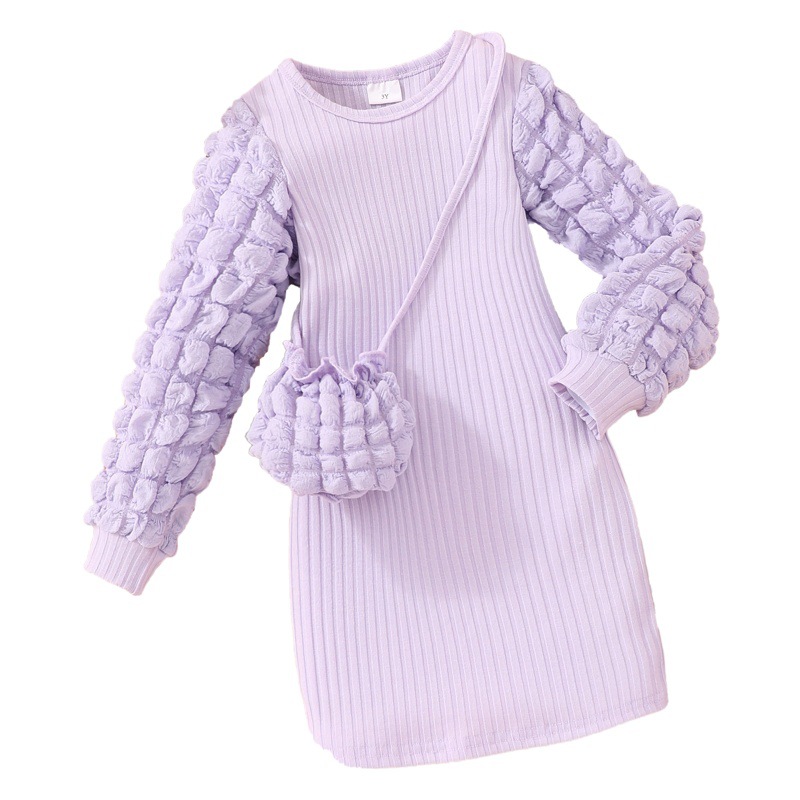 Popular Children's Autumn Long-Sleeved Puff-Sleeved Pit Strips Including Bag Solid Color Dress Cross-Border Exclusive Supply