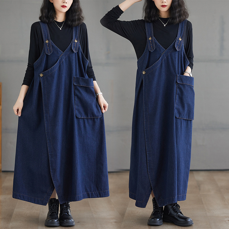 Vintage Denim Suspender Skirt Women's New Spring and Autumn Summer Suspender Skirt Loose Large Size Fashionable Elegant