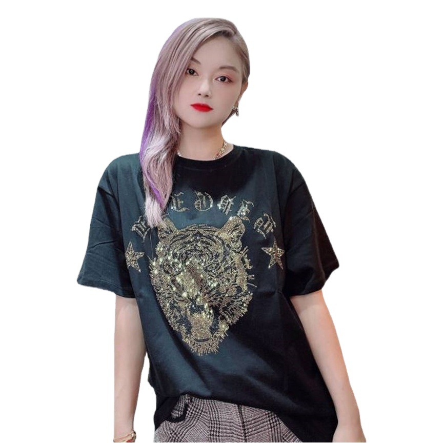 Short-sleeved T-shirt women's ins tide cotton heavy industry 2024 new hot drilling tiger head long loose half-sleeve top