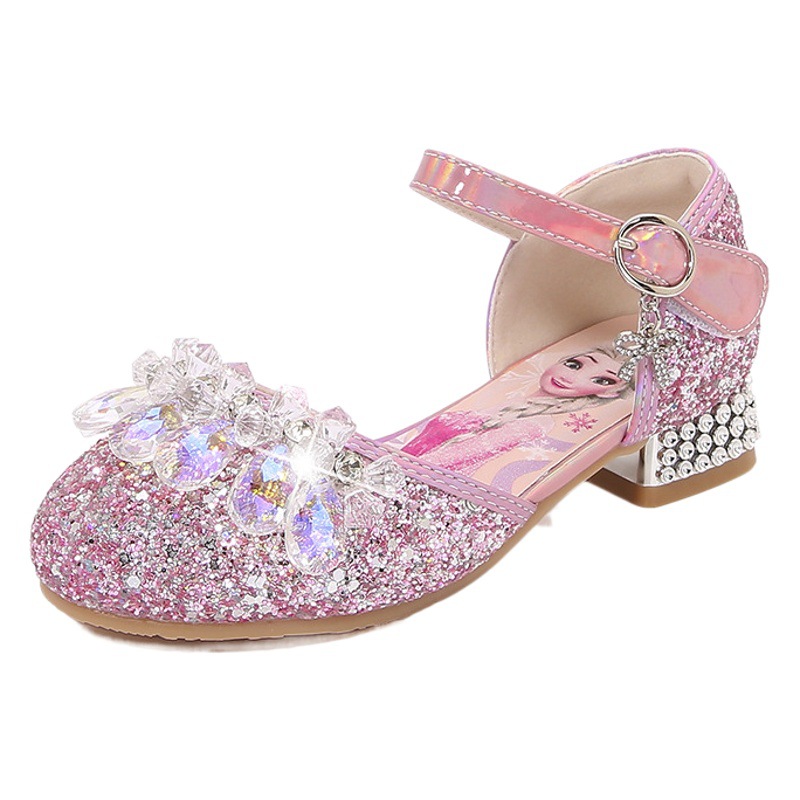 Children's High Heels 2024 Spring New Princess Elsa Crystal Medium and Large Children's Girls Performance Strap Shoes