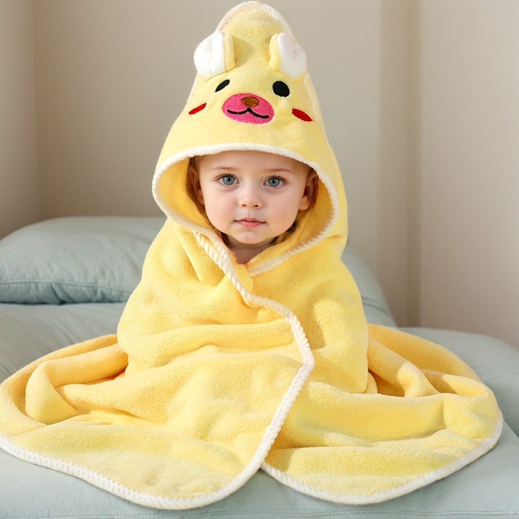 Picture of Baby Cartoon Bag Blanket Coral Fleece Absorbent Children's Bath Towel Embroidered Blanket with Hood Cloak Soft Newborn Blanket