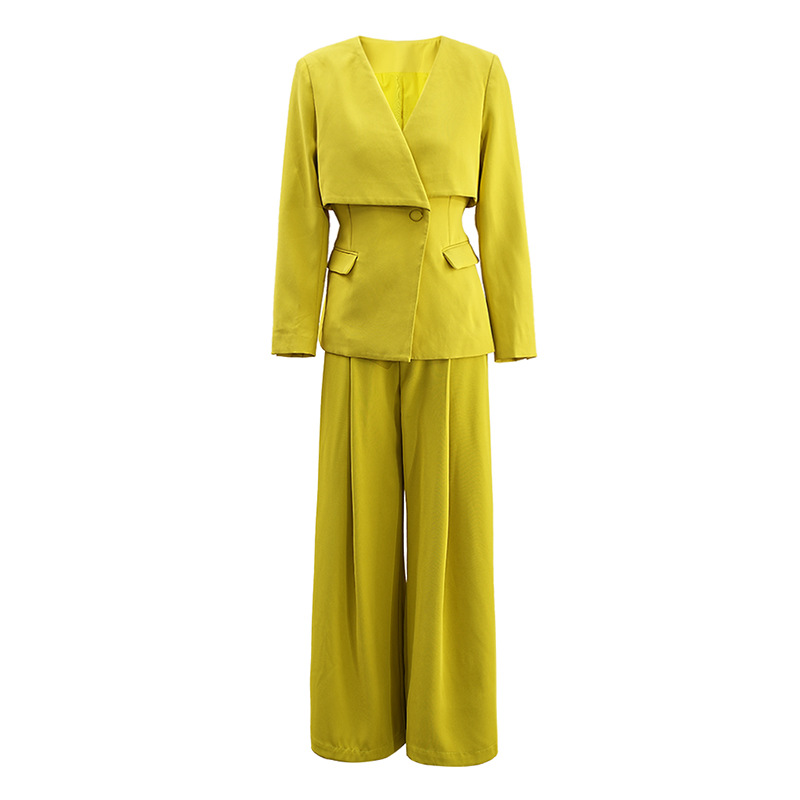 European and American Autumn Niche Design Sense V-neck Tight Waist Suit Top High Waist Pleated Wide Leg Pants Elegant Two-piece Suit