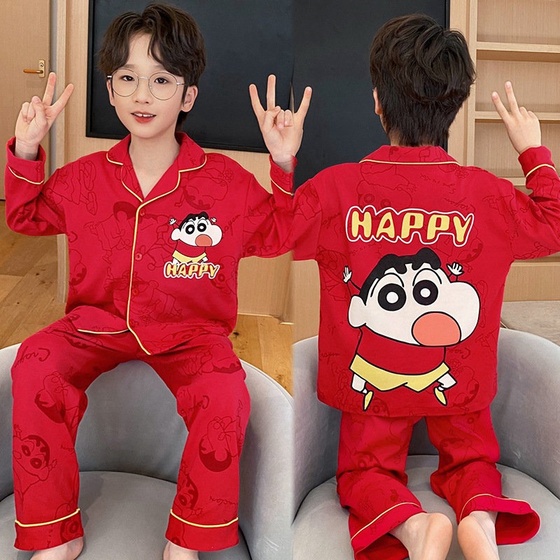 Picture of Spring and Autumn boys' pajamas pure cotton long-sleeved red animal year Festive dragon year little boy children's homewear suit