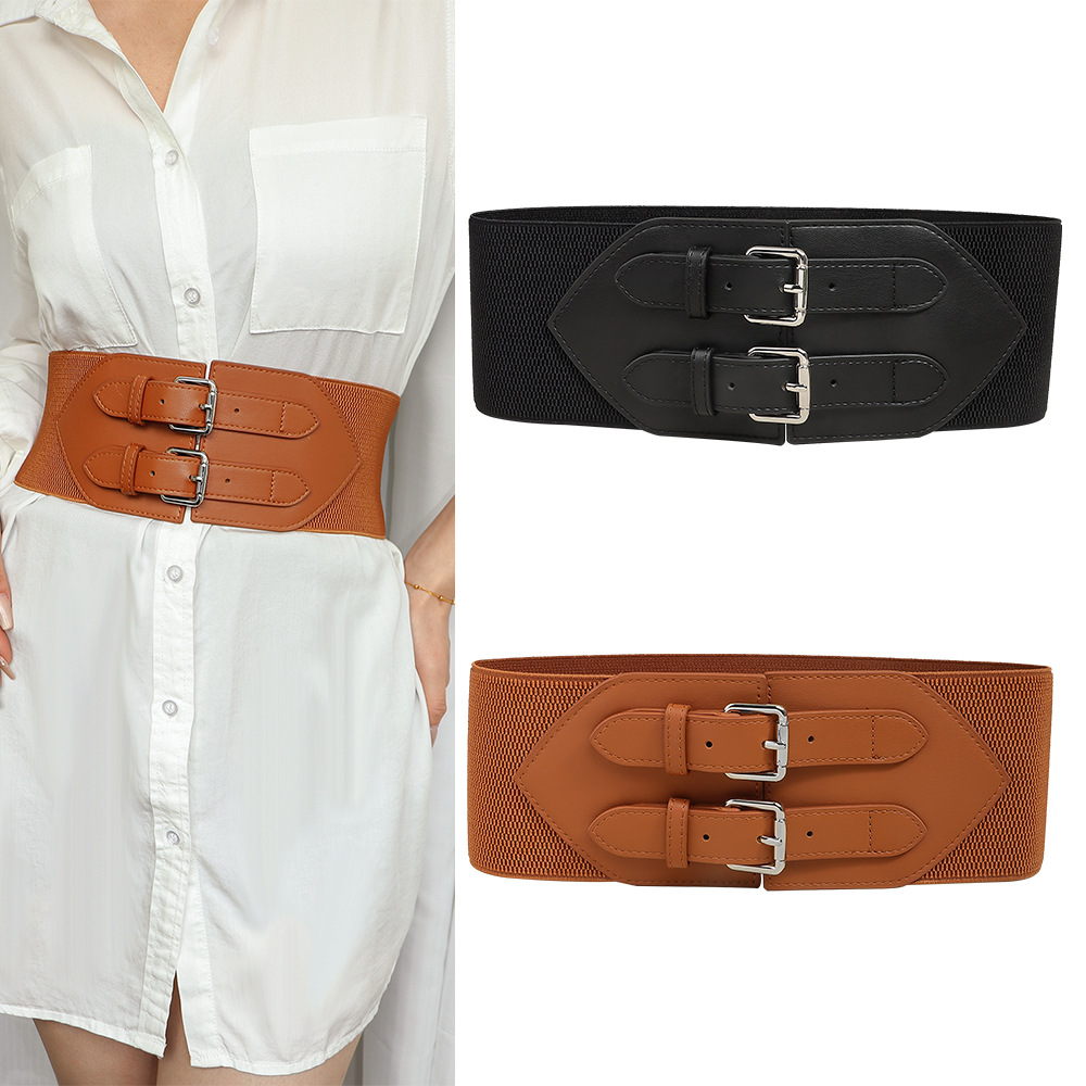 New Style Waist Belt with Double Buckle for Women, Decorative with Skirts and Coats, Wide Version, Simple Geometric Waist Tightening, Elastic and Elastic, European and American