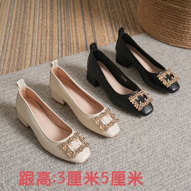 Small square toe soft leather single-layer shoes for women 2023 autumn metal toe anti-kick simple thick heel soft bottom comfortable color high heels