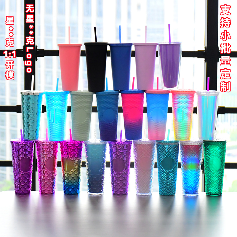 Plastic Cup New Double Layer Creative Gradient Mermaid Tail Suction Tube Cup Durian Cup Electroplated Color Sequin Water Cup