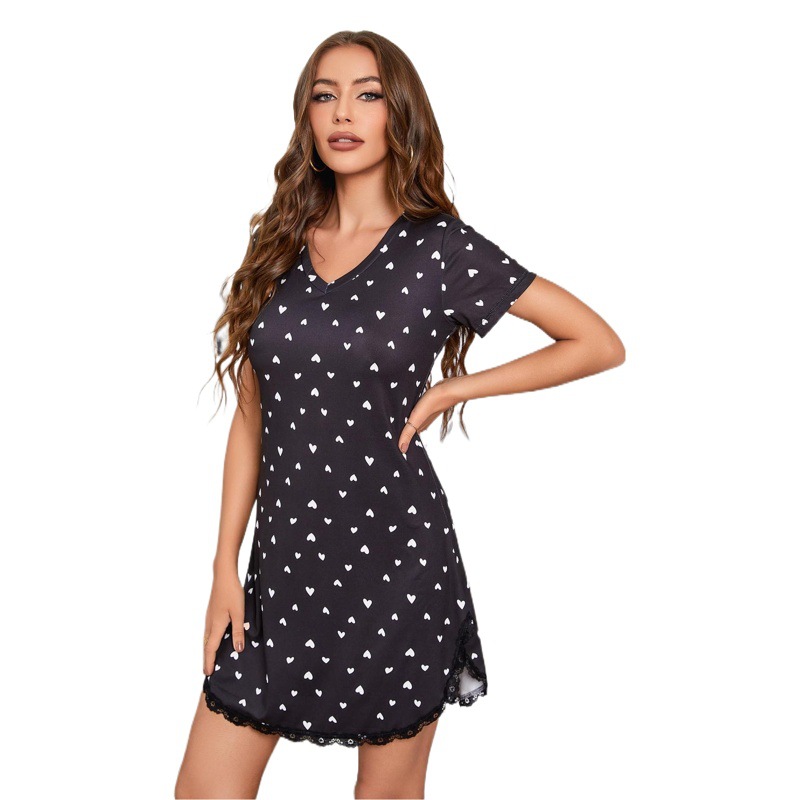 Amazon Cross-Border European and American Sexy Pajamas for Women Summer Thin Heart Printed Short-Sleeved Nightgown Wildberries