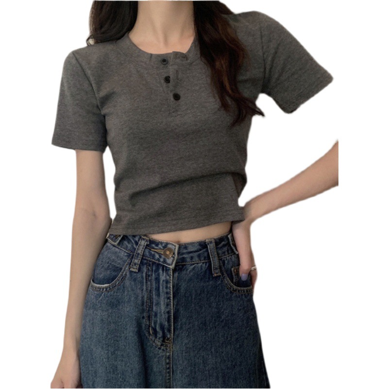 Sweet and Hot Short T-Shirt Women's Summer 2022 New Niche Slim Slim-Fit Gray Short-Sleeved Thin Bm High Waist Top