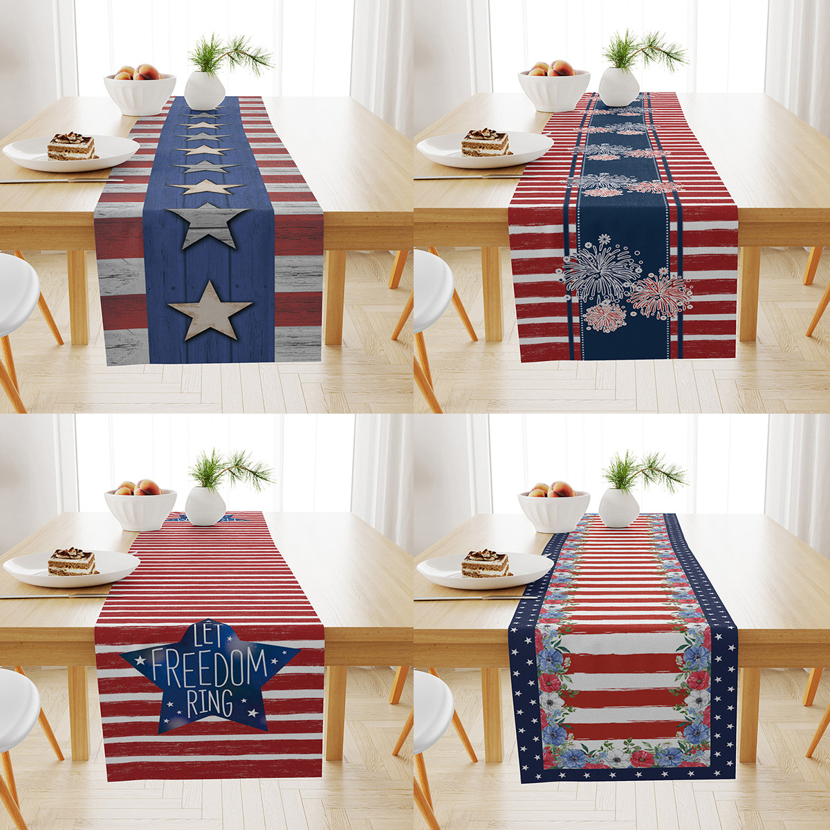 Picture of Explosions US Independence Day Decorative Table Runner Linen Star-stripe Printed Tablecloth Patriot Holiday Atmosphere Table Runner