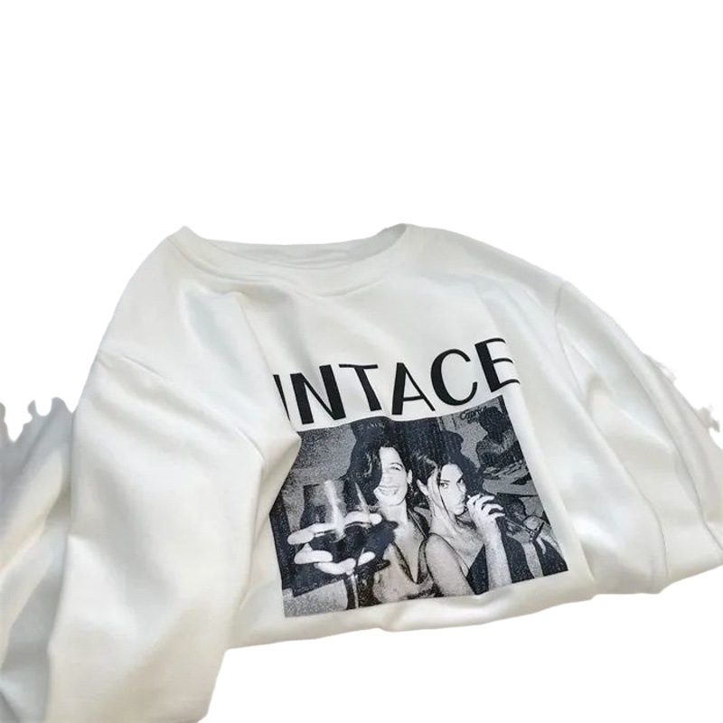 Double-sided Velvet Sanding Thickened White Base T-shirt Women's Base Shirt with Autumn and Winter Printed Letter Long Sleeve All-match