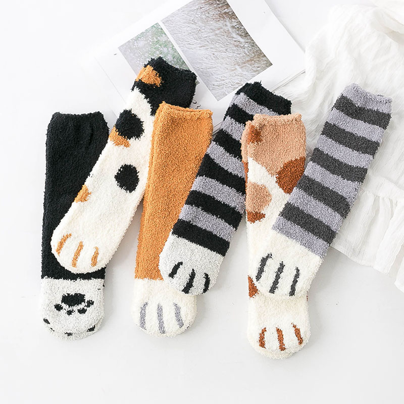 Socks women autumn and winter new cartoon cat's claw ladies socks wholesale striped casual coral velvet socks floor socks