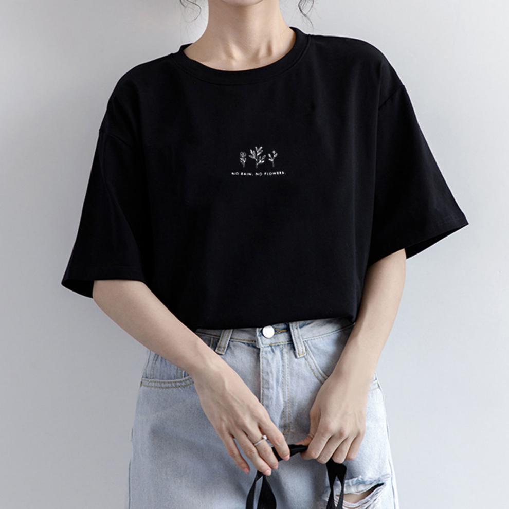 Picture of Short-sleeved Korean-style Round Neck T-shirt Women's Summer Loose Plant-printed Casual Solid Color Hot Student's Half-sleeved Top