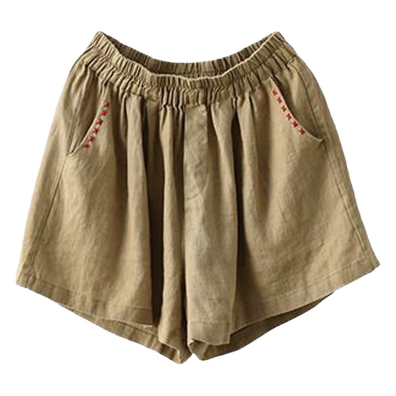 Women's Cotton Linen Shorts Summer Artistic Vintage Embroidery Solid Color All-match Ethnic Style Wide-leg Short Pants