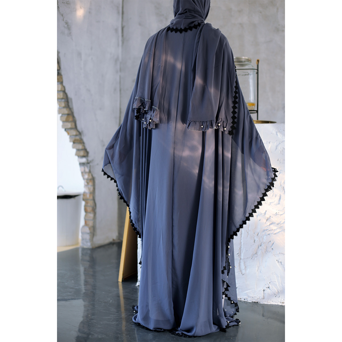 Picture of European and American muslim Trendy Lace Stitching Beads Loose Lace Long Sleeve Cardigan Women's 1653
