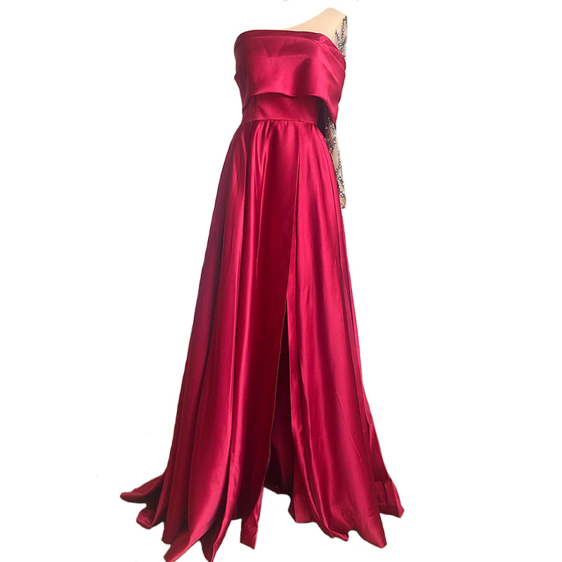 Picture of Wine red satin one-shoulder simple Slimming elegant socialite temperament toast wedding evening dress long dress LA70755
