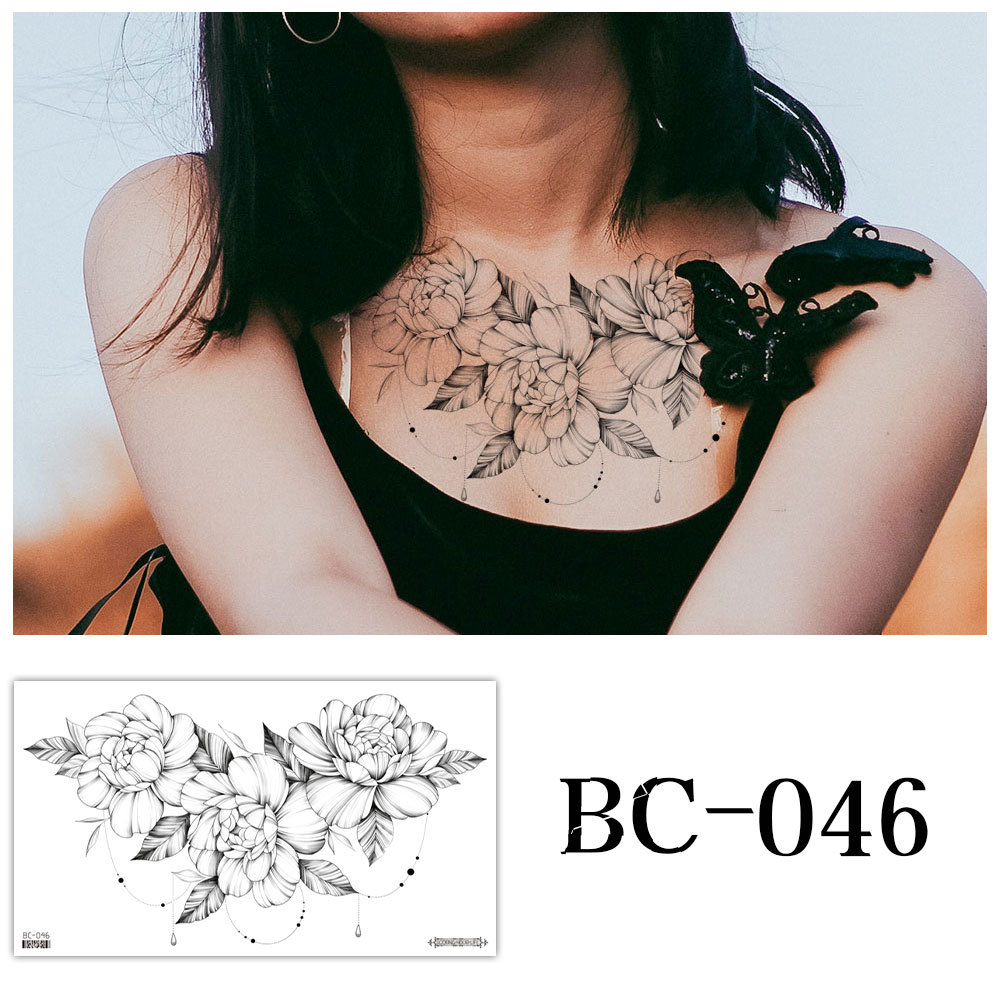 Picture of 2022 new cross-border supply waterproof tattoo stickers simple black and white flower sternum stickers personalized tattoo wholesale