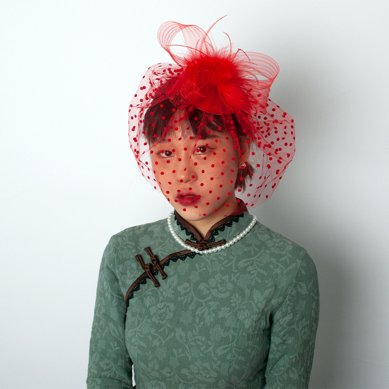 Picture of Retro dance party cheongsam dress accessories mesh hat gloves suit european and american socialite feather face covering hair accessories suit