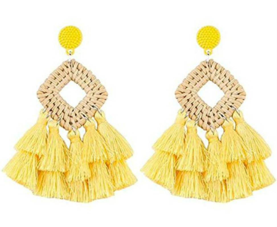 Picture of European and American Cross-Border Amazon Hollow Square Tassel Earrings, Fashionable Retro Personality Geometric Rattan Set Earrings