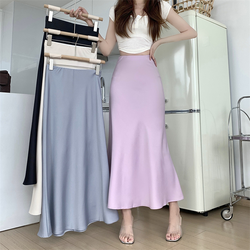 Real Shot Unabated Hip Skirt Satin Fishtail Skirt Mid-length Women's Summer Design High Waist Skirt