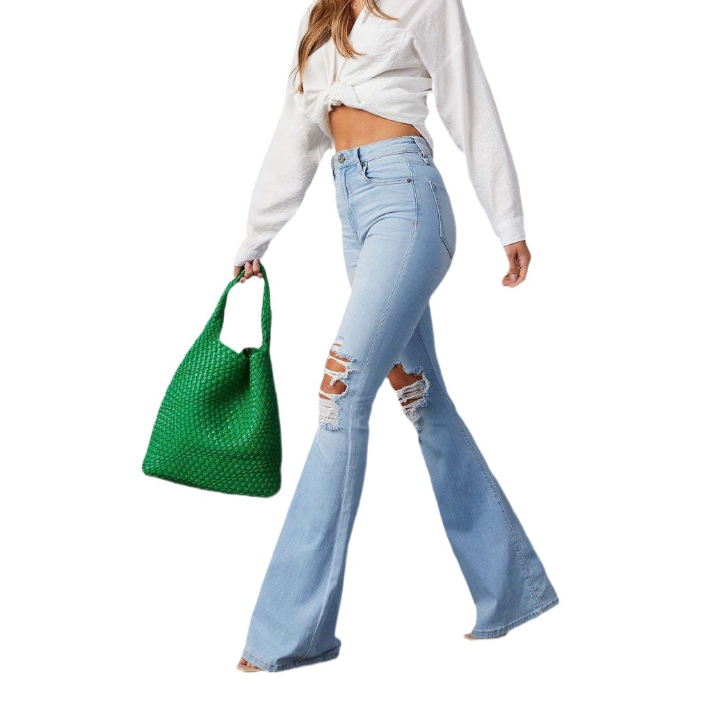 Spring and Summer 2024 New Amazon Cross-border European and American Washed Hole High Waist Elegant Denim Wide Leg Pants for Women