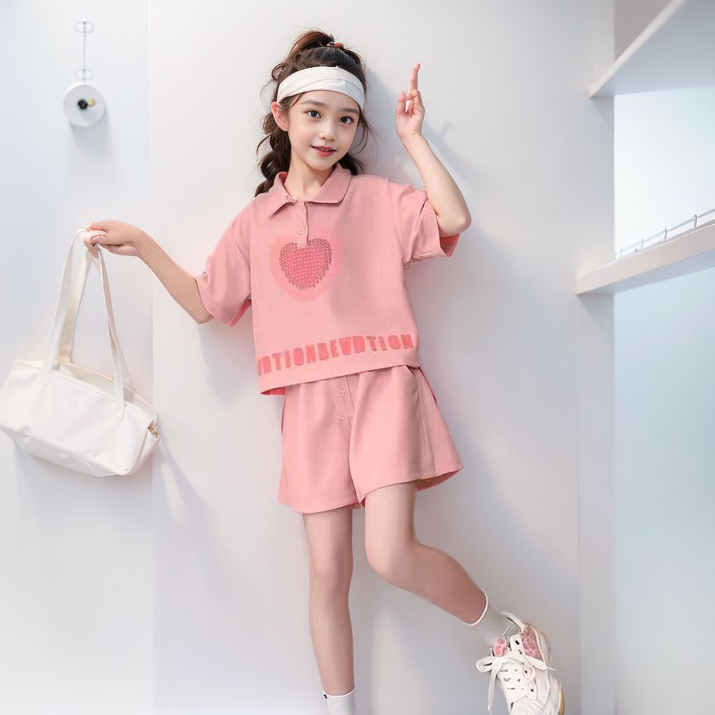 Girls Summer Suit 2025 Summer New Style Fashionable Big Kidsren's Clothing Pure Cotton Short-Sleeved T-Shirt Two-Piece Set