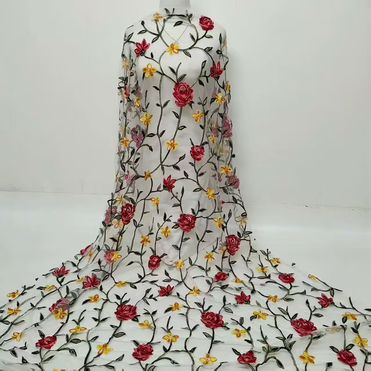 Picture of Mesh lace fabric, colorful three-dimensional rose embroidery, soft and skin-friendly women's and children's skirts, lace fabric