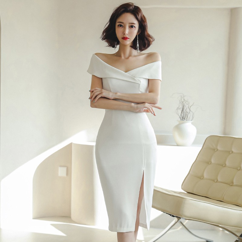 Sexy Slim One-Line Collar Dress Cross-Border 2023 Korean Style Summer New Style Female Lady Style Hip-Hugging Midi Skirt