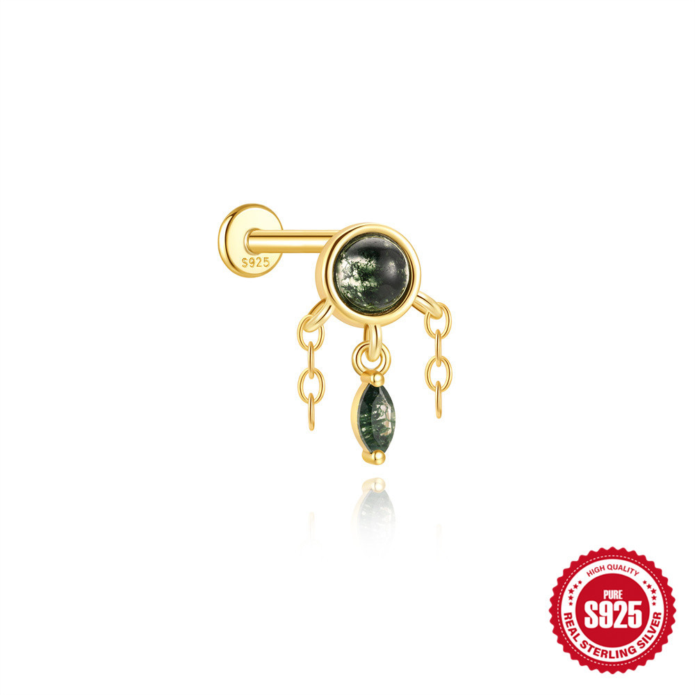 Picture of New S925 Sterling Silver Geometric Splicing Natural Moss Water Grass Water Drop Agate Flat Head Threaded Piercing Earrings