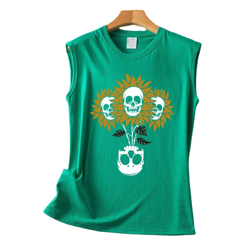2022 Amazon New shirt Skull Sunflower Printed Round Neck Loose Top Sleeveless T-shirt