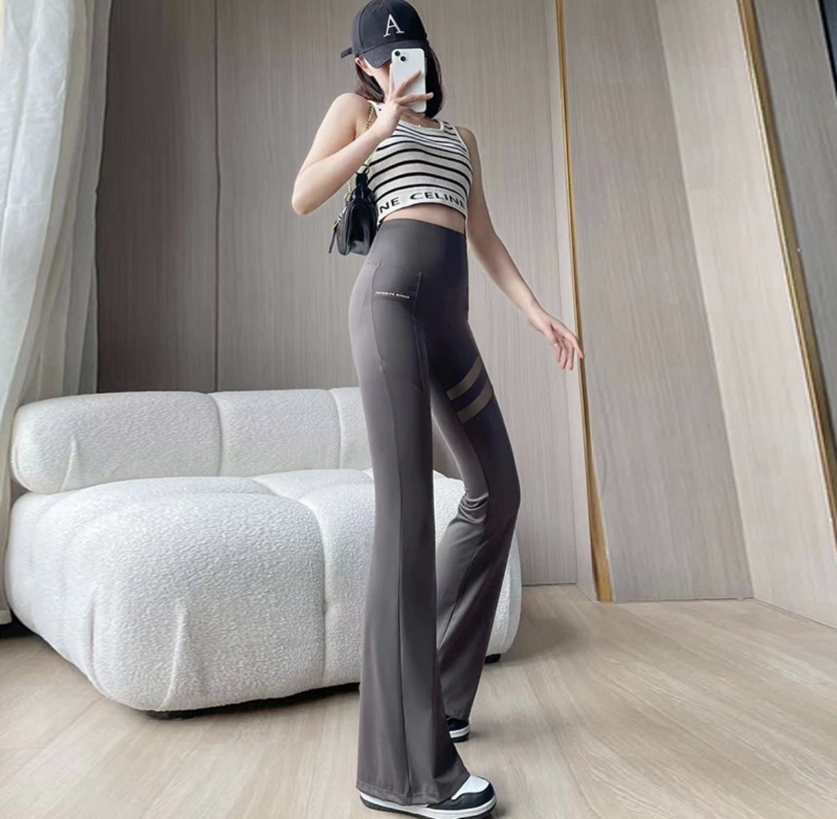 Picture of Pocket shark pants new women's mesh lace wide-leg high waist high elasticity slimming flared pants casual yoga pants