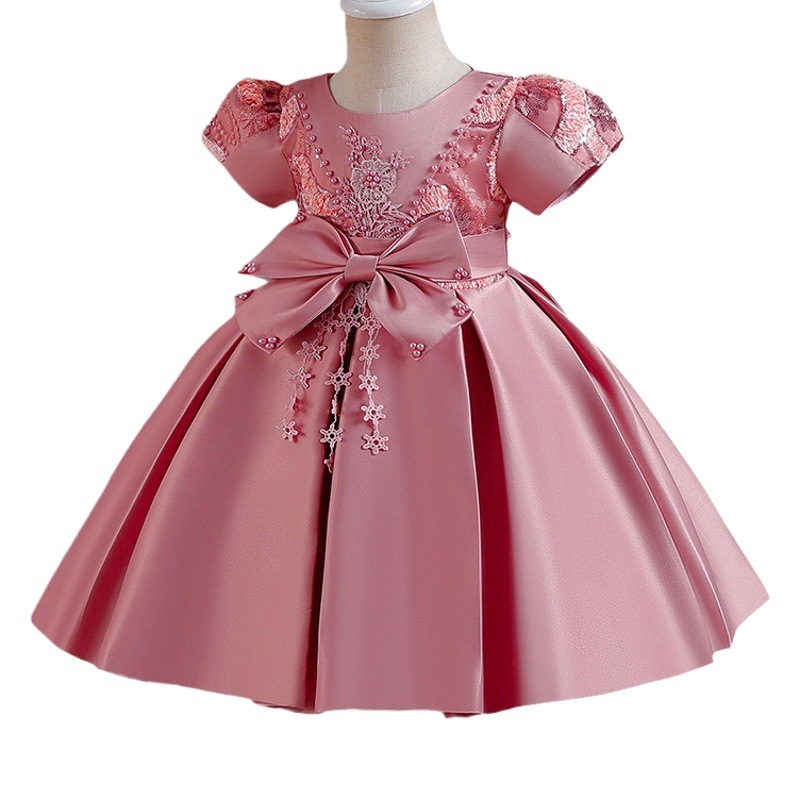 Cross-border new children's dress Princess dress satin beaded bow dress flower girl birthday party costume