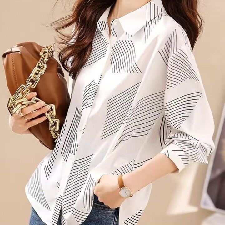 Cross-Border spring new geometric striped print versatile commuter simple long-sleeved blouse women's shirt high-end