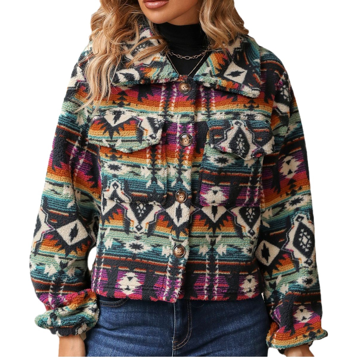 Flash velvet 2023 cross-border autumn and winter new European and American women's Amazon style printed loose long sleeve short coat for women