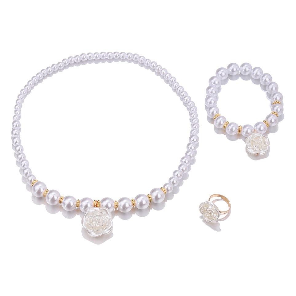 Cross-border Hot Pearl Hand Necklace Chain Xiaoxiang Style Handmade Beaded Simple Camellia Ring suit Children's Jewelry