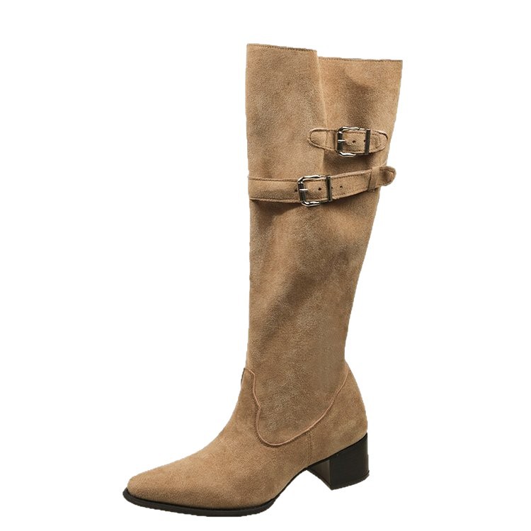 Picture of Cowhide Version ~ Thick Heel Versatile Retro Boots Women's Belt Buckle Pleated Pile Boots High-Top Western Cowboy Boots