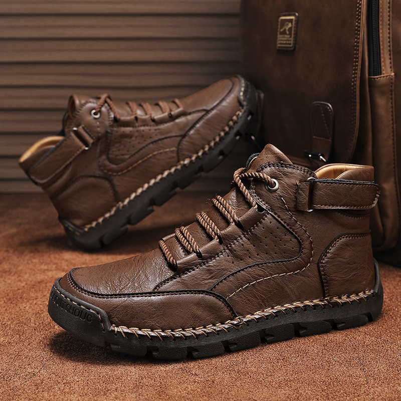 Cross-border Explosions plus size Men's Shoes Fashion Men's Ankle Boots Handmade Stitch Martin Boots Leather Boots Flat Lace-up Casual Shoes