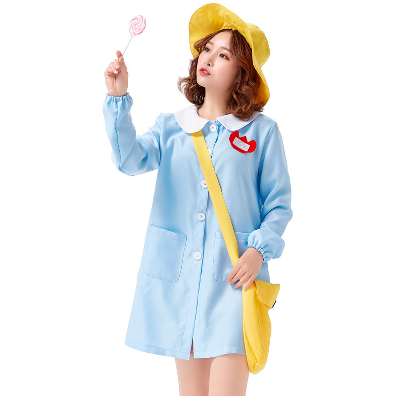 Blue loose daily Japanese leisure nursery teacher cosplay costume Halloween parent-child costume with school bag micro-stamp