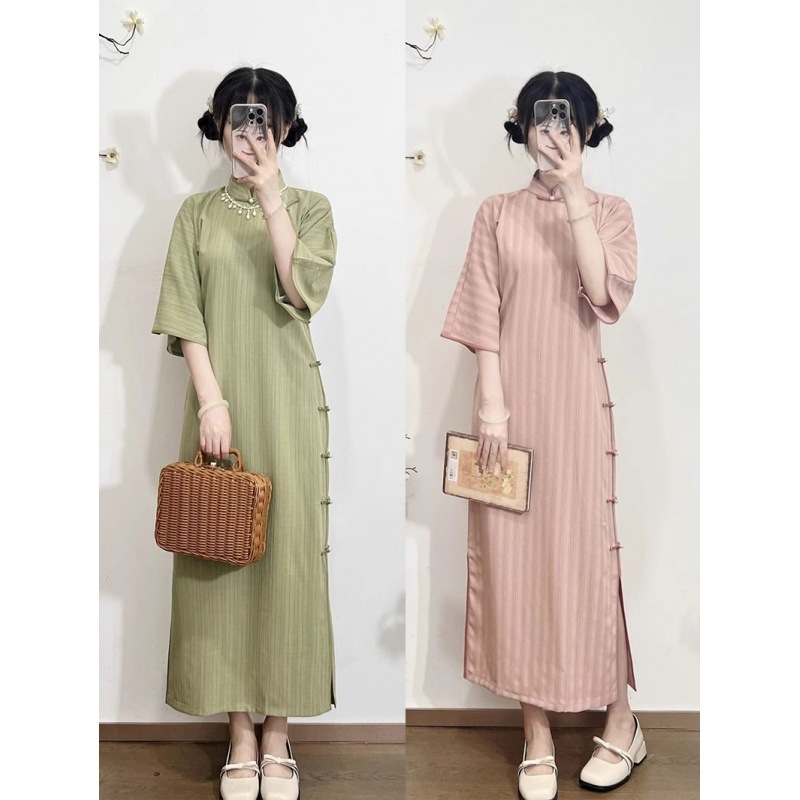 National style new Chinese cheongsam one-piece ancient style non-provincial stripes inverted large sleeve girl style student new waist cheongsam